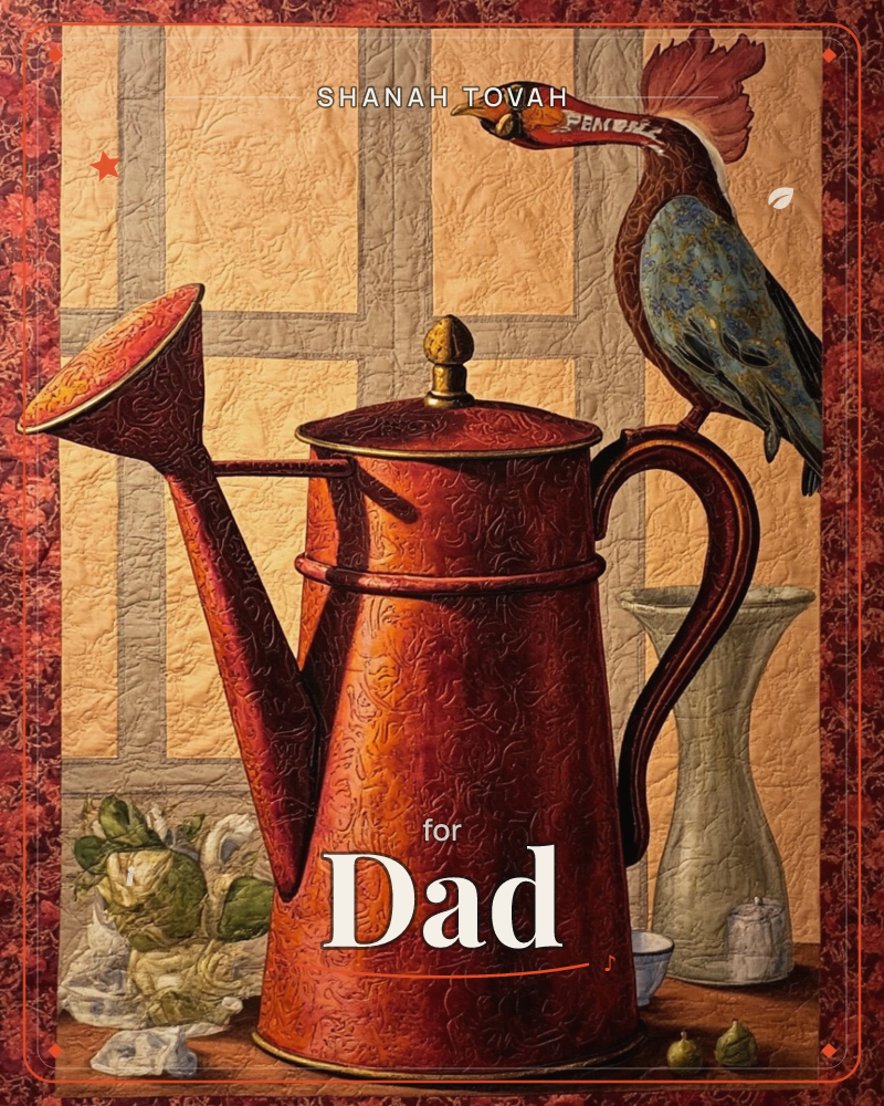 A copper watering can with a long curved spout dominates a tabletop still life, its quilted, textured surface glowing warm amber and rust, a rosh hashanah e-card design
