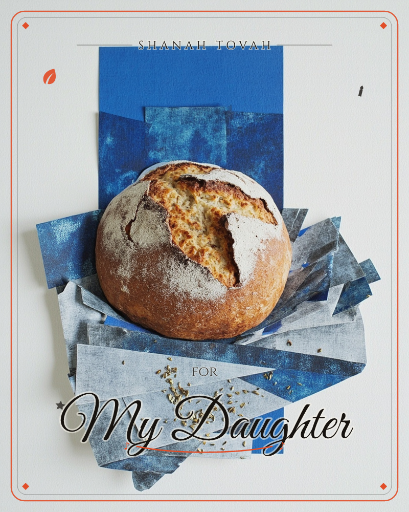A round crusty loaf of bread sits nestled in a bed of torn blue and silver paper shapes, its floured crust split open to show soft golden crumb inside, a rosh hashanah e-card design