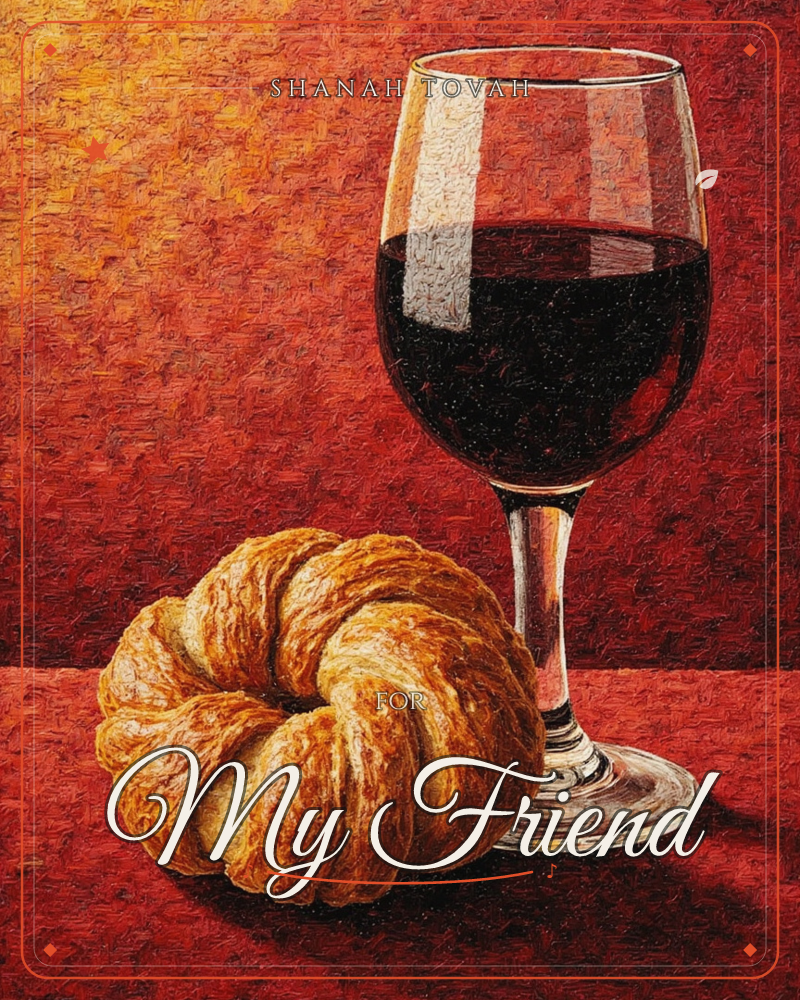 A still life shows a stemmed glass of deep red wine beside a golden, twisted pastry, set against a richly textured crimson and amber backdrop, a rosh hashanah e-card design