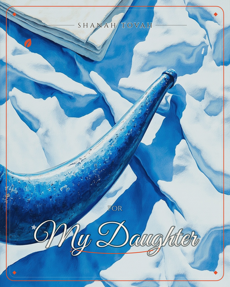 A curved horn-shaped vessel, glazed a deep speckled blue, rests against a dramatically folded blue-and-white draped cloth, a rosh hashanah e-card design
