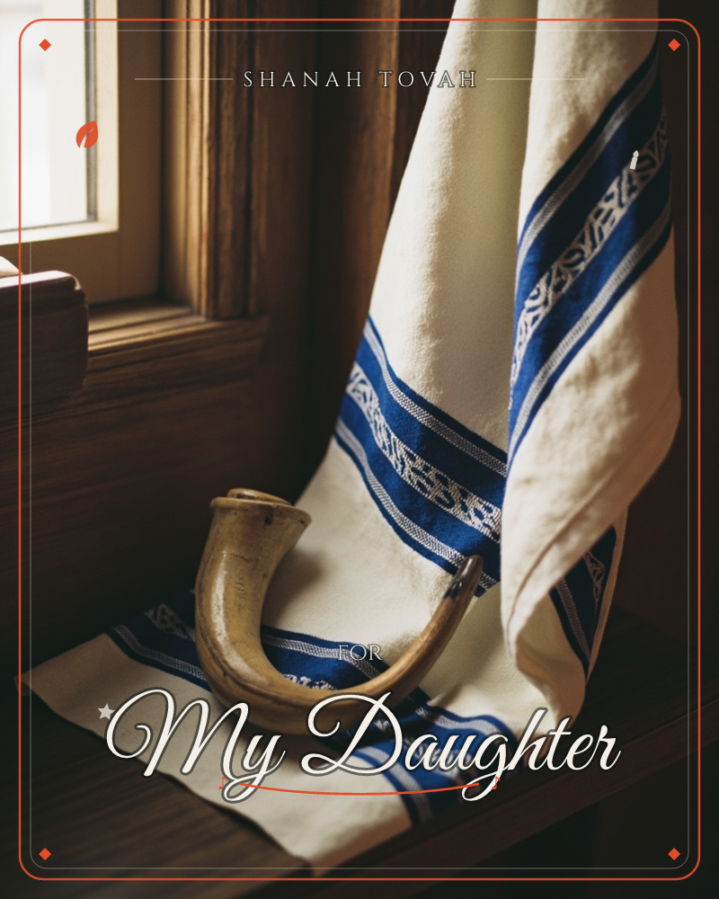A prayer shawl with blue and silver woven stripes hangs draped over a wooden window ledge, its fringed folds catching soft daylight from the window…, a rosh hashanah e-card design