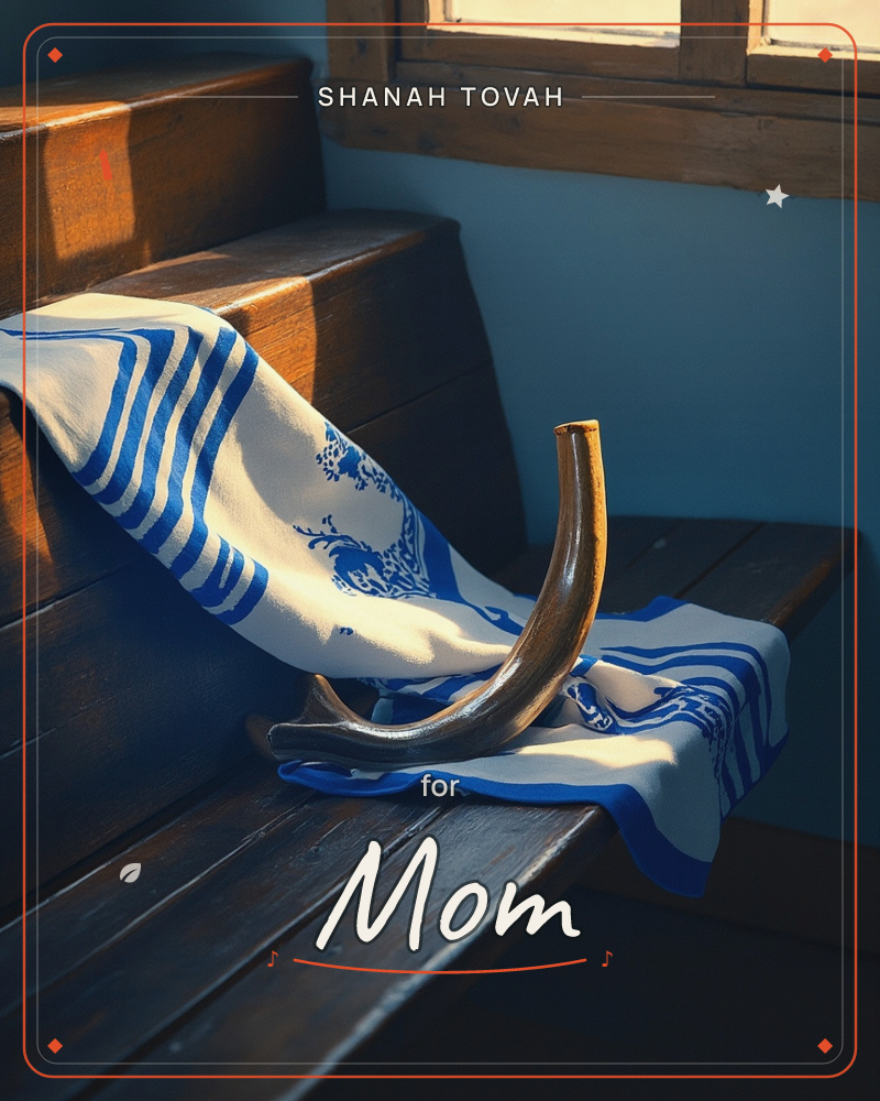 A striped blue and white prayer shawl drapes over a worn wooden pew beside a curved ram's horn, sunlight slanting in through a nearby window to catch…, a rosh hashanah e-card design