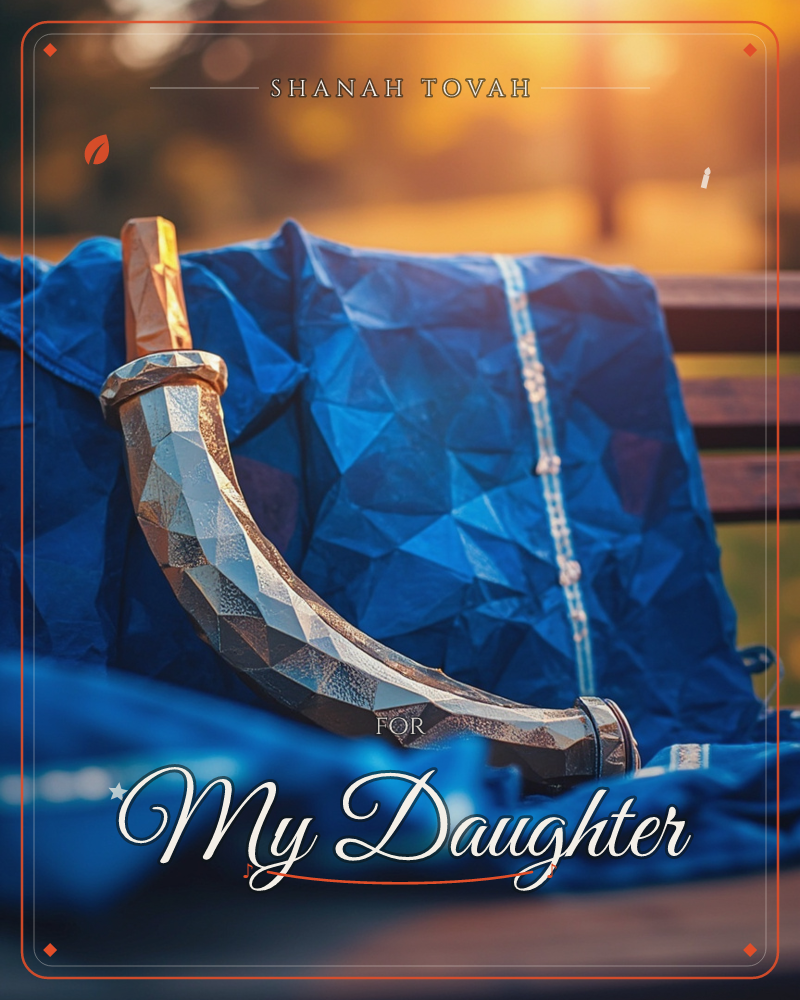 A curved dagger with a faceted silver sheath and gold-toned handle rests on a rumpled blue cloth draped over a wooden bench, warm golden light glowing…, a rosh hashanah e-card design
