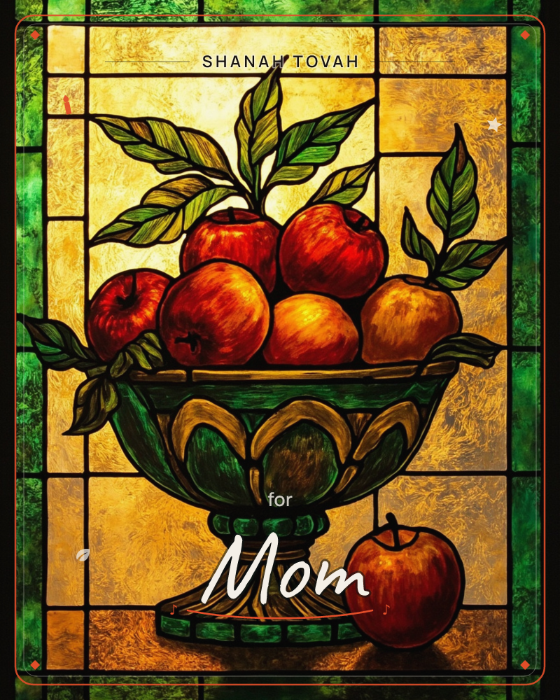 A stained-glass style panel shows a green and gold pedestal bowl heaped with glossy red and orange apples, their leafy stems arching upward, a rosh hashanah e-card design