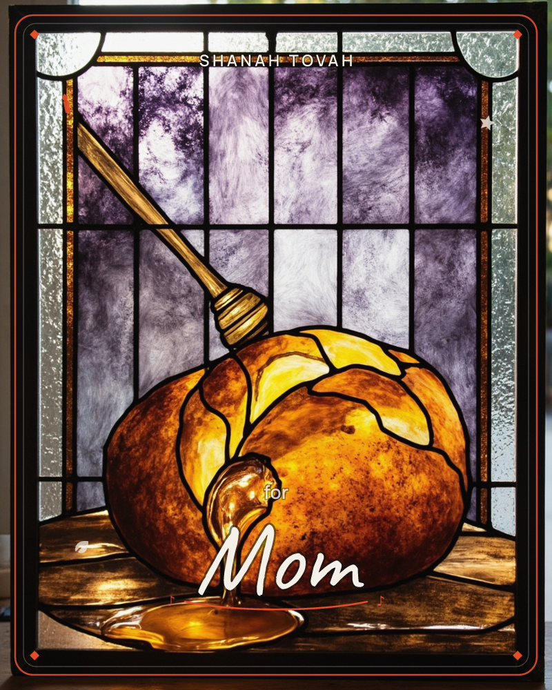 A stained-glass panel shows a golden braided loaf of bread with honey dripping from a wooden dipper into a pooling puddle below, all set against a…, a rosh hashanah e-card design