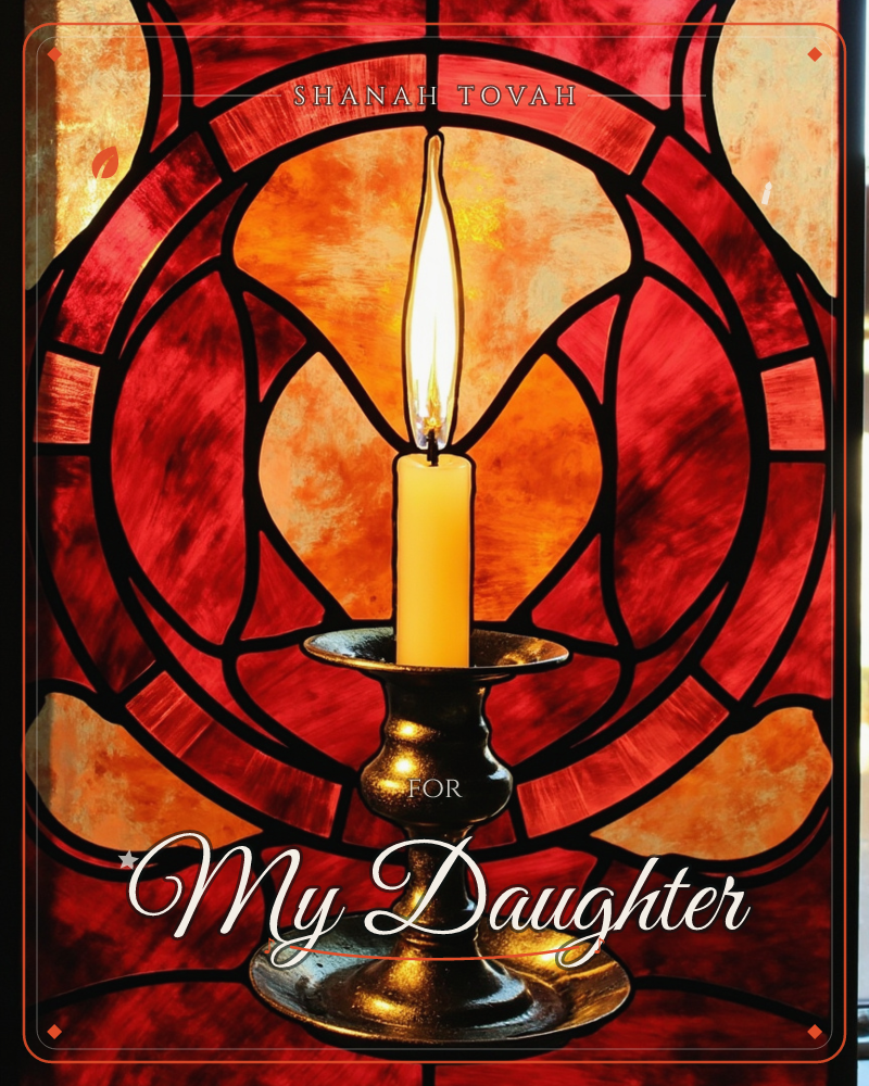 A single lit candle stands in a brass holder against a backdrop of deep red and amber stained glass, its black leadwork forming circular, petal-like…, a rosh hashanah e-card design