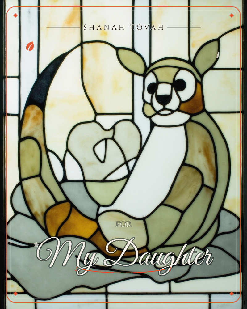 A stained-glass style panel shows a lemur-like creature with a long curled tail, sitting upright on a grey rocky ledge, a rosh hashanah e-card design