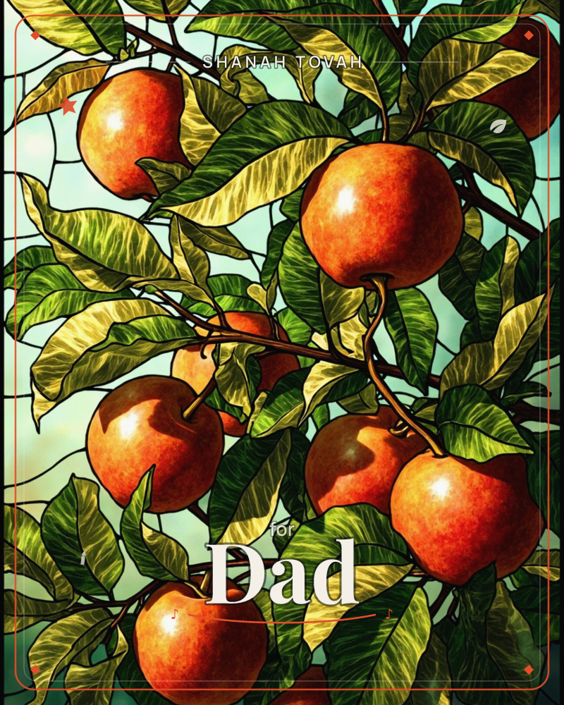 A stained-glass style illustration of an apple tree branch heavy with ripe orange-red fruit, set against a pale mint-blue sky glimpsed through leaded…, a rosh hashanah e-card design