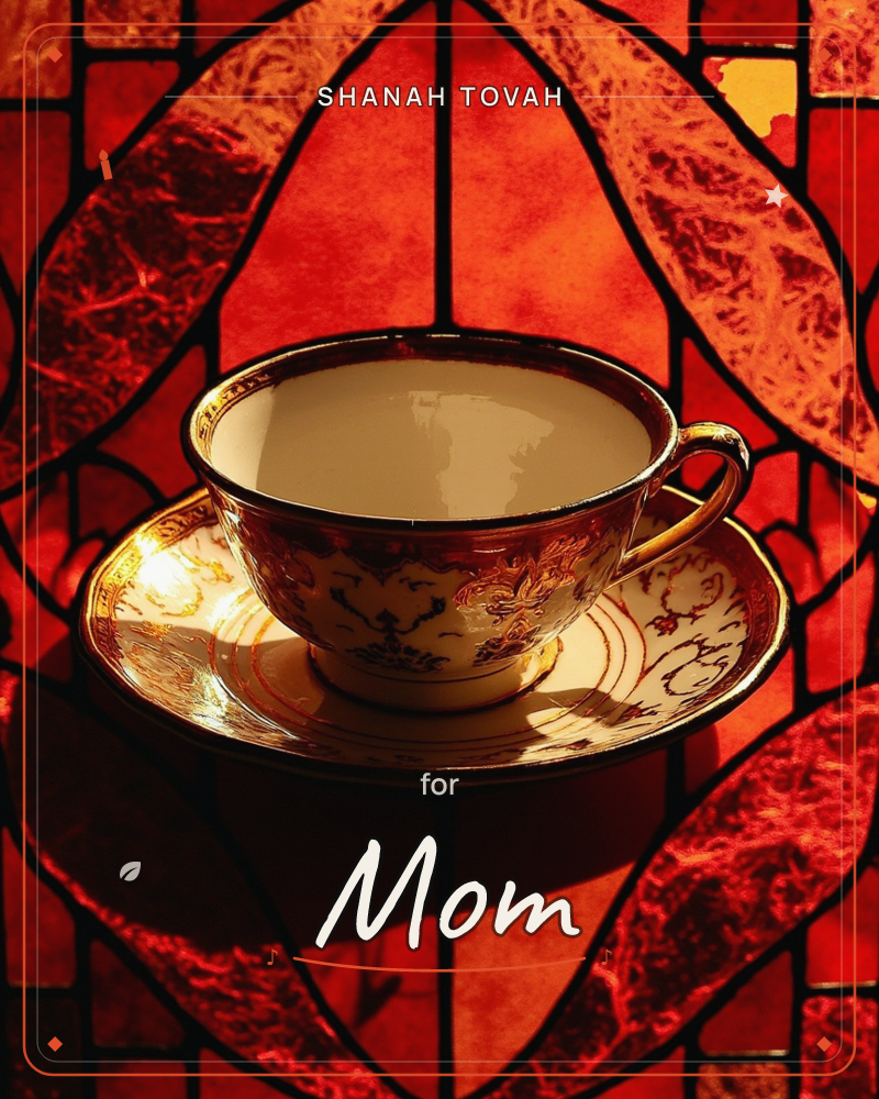 A porcelain teacup and saucer, gilded and hand-painted with delicate red and gold floral motifs, sits filled with pale tea against a backdrop of…, a rosh hashanah e-card design