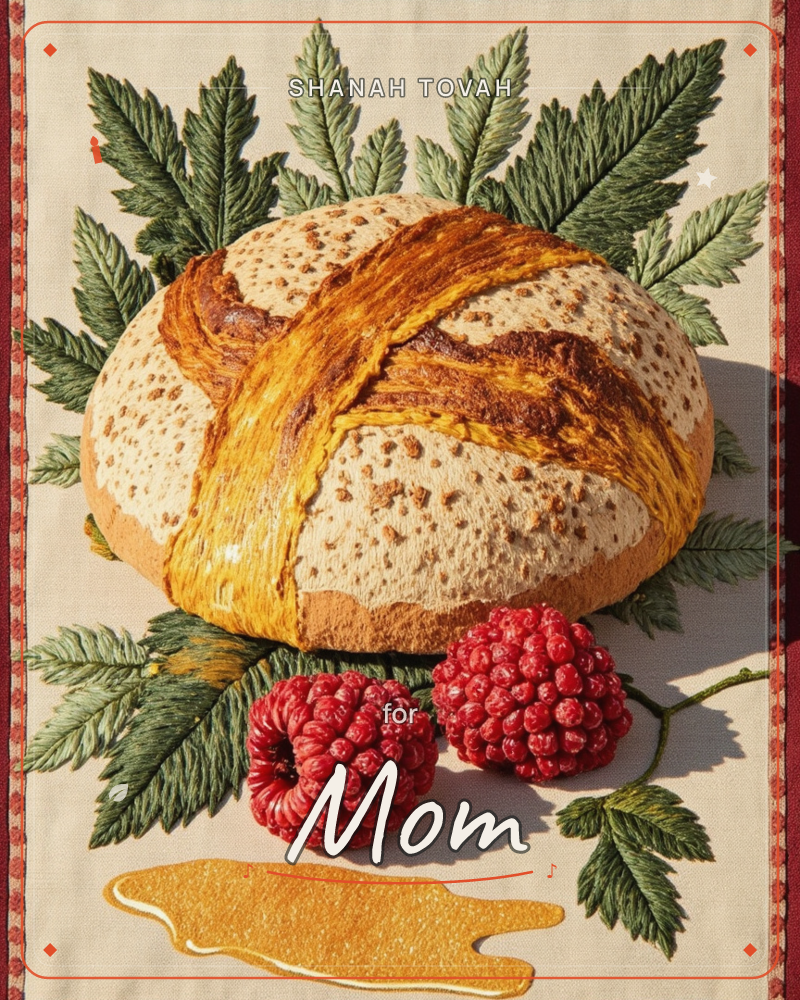 An embroidered-style still life on woven linen shows a golden-crusted round loaf with a glossy criss-cross glaze, nestled among sharp green fern-like…, a rosh hashanah e-card design