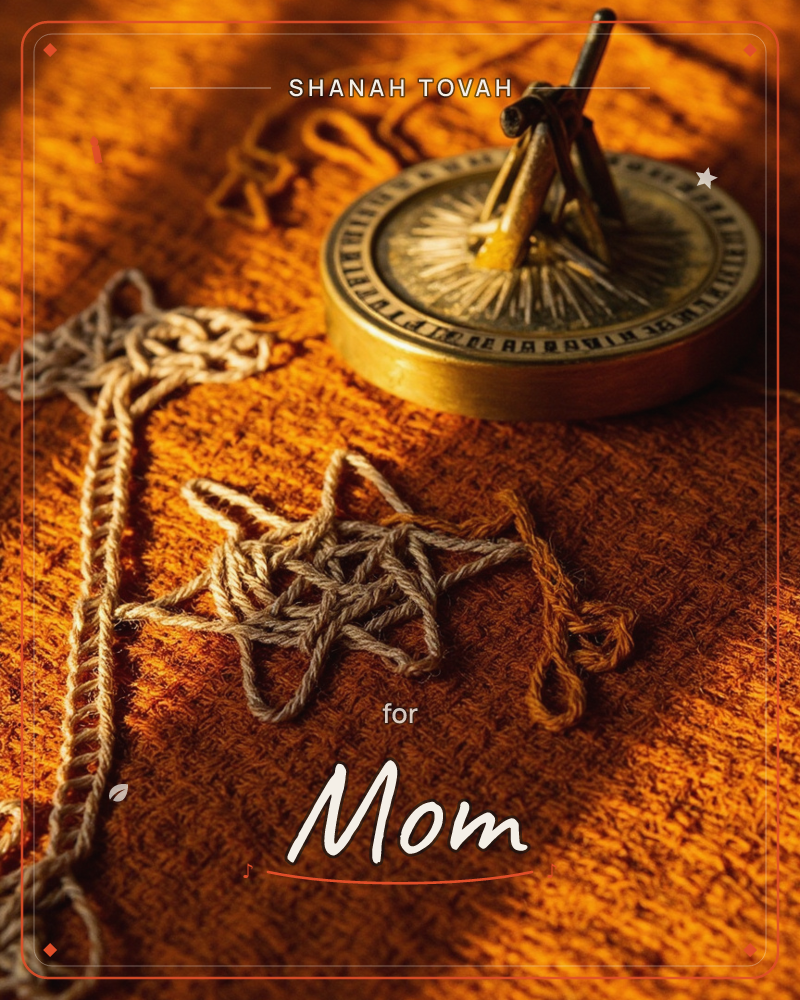 A small brass sundial and a length of crocheted string, twisted into a rough star shape, rest on a rust-orange woven cloth, a rosh hashanah e-card design