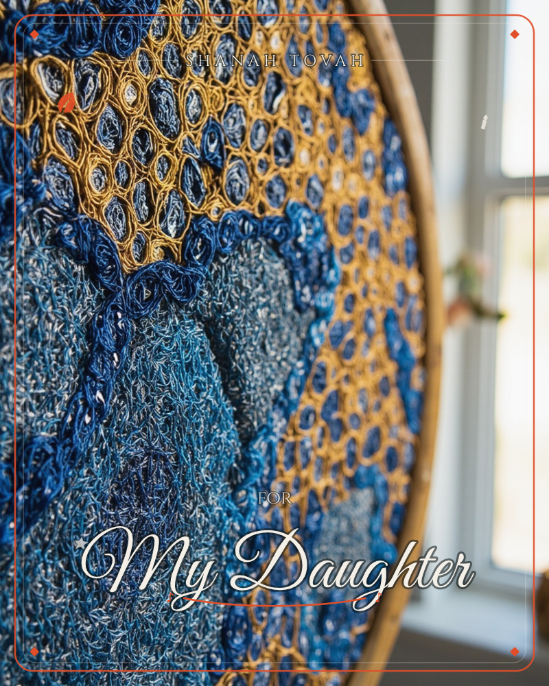A close-up of embroidery stretched in a wooden hoop, its surface built from dense loops of mustard-gold thread giving way to soft frayed tufts of…, a rosh hashanah e-card design
