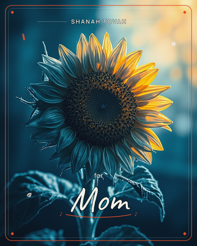 A single sunflower fills the frame, its petals lit gold on one side while the rest of the bloom and leaves fade into deep teal shadow, a rosh hashanah e-card design