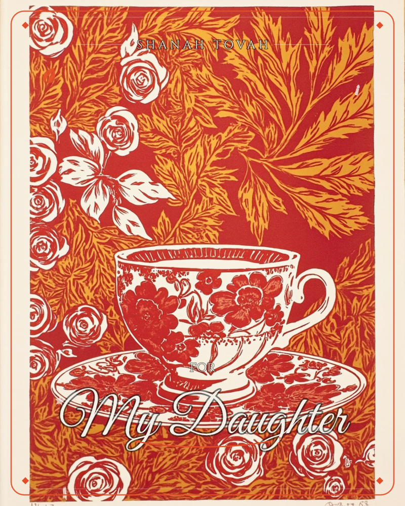 A floral-patterned teacup and saucer sit against a rich red background covered in bold golden-orange fern leaves, with white outlined roses scattered…, a rosh hashanah e-card design