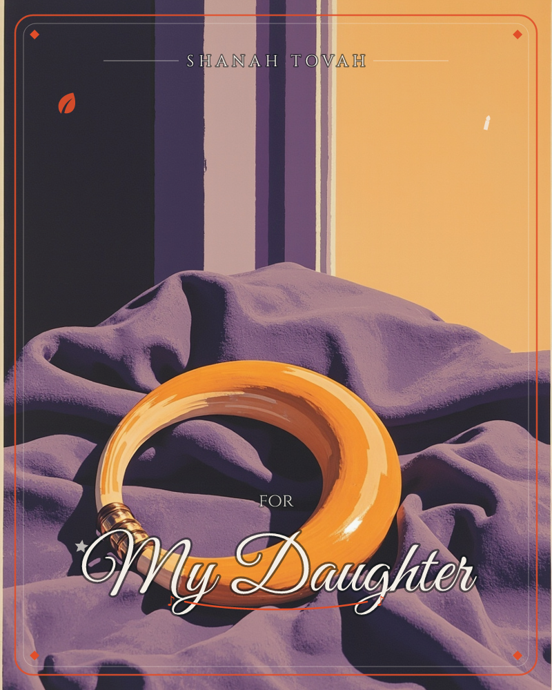 A single amber bangle rests on a heap of rumpled purple velvet, its glossy curve catching a warm studio light, a rosh hashanah e-card design