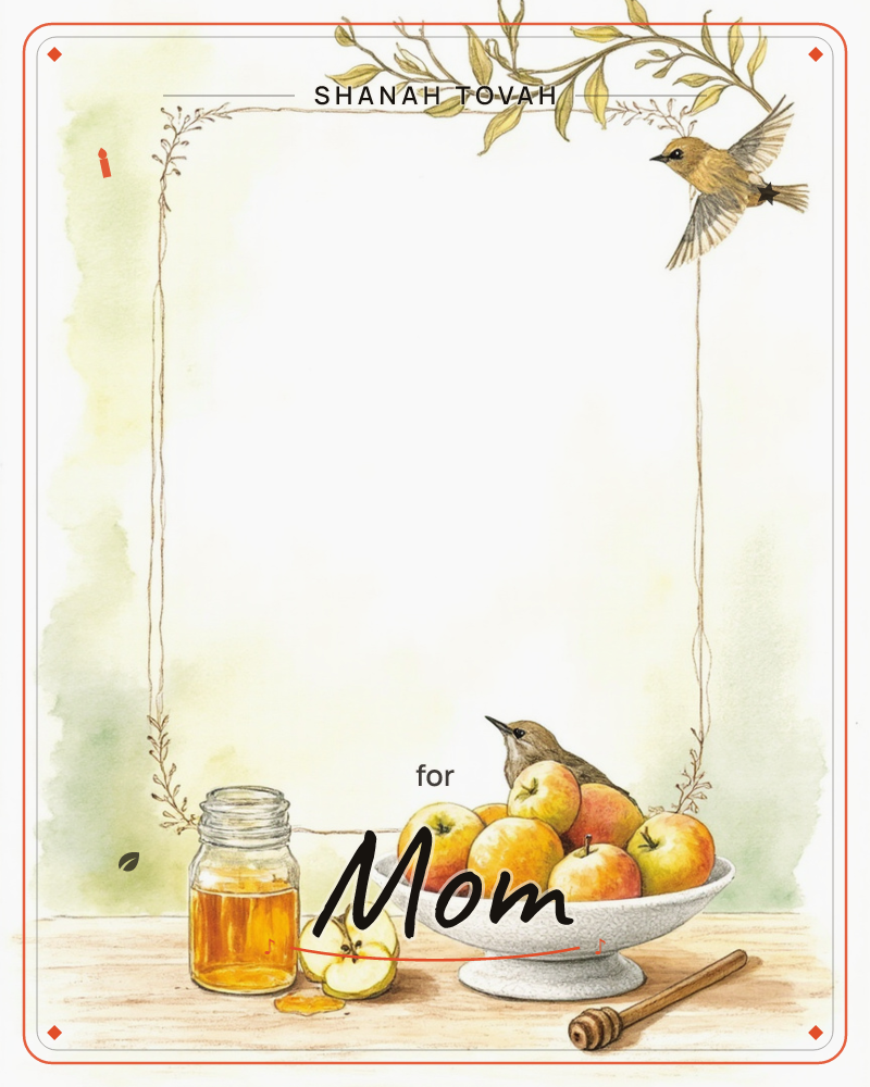 A watercolour border of slender branches and leaves frames a blank white space, with a small bird perched among the twigs and another swooping in above, a rosh hashanah e-card design