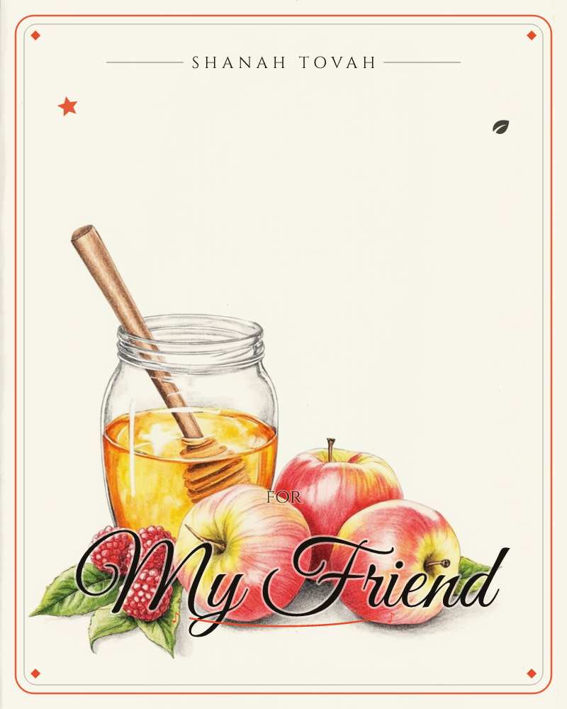 A small glass jar of golden honey with a wooden dipper stands beside three rosy apples and a cluster of ripe raspberries with green leaves, a rosh hashanah e-card design
