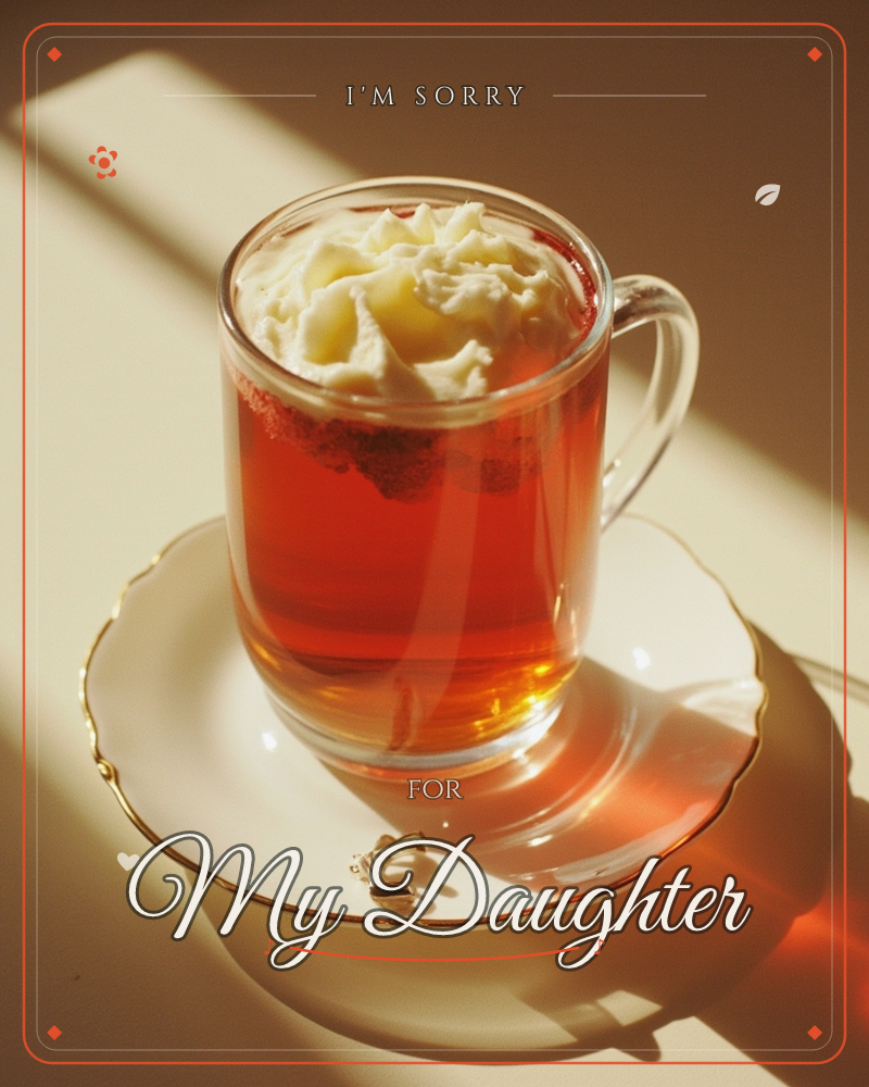 A clear glass mug of amber tea, topped with a swirl of whipped cream, sits on a gilt-edged white saucer, a sorry e-card design