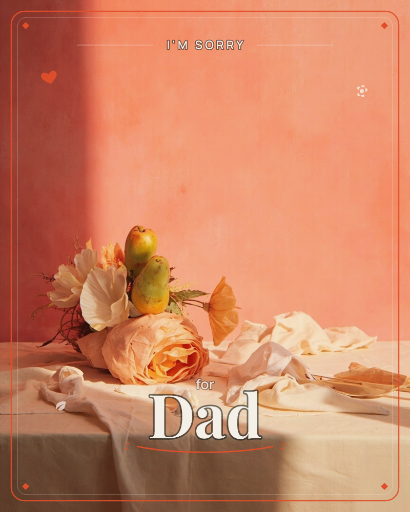 A still life of a large blush-toned rose and pale peony resting on their sides on a linen-covered table, with small green pears nestled behind them…, a sorry e-card design