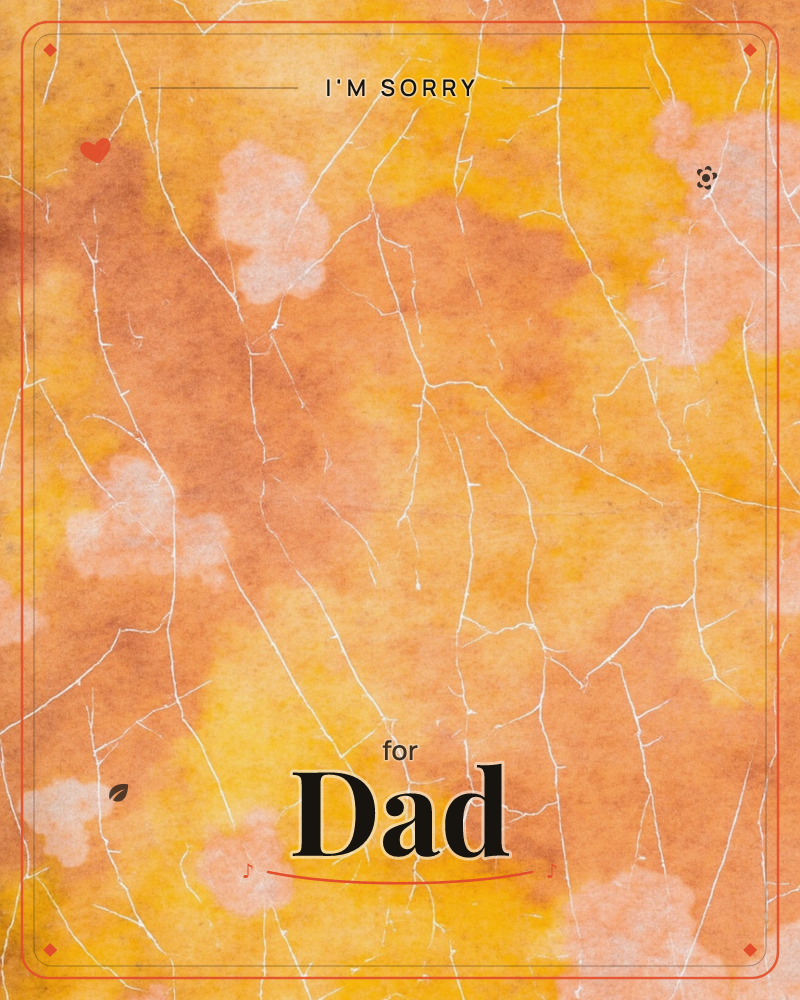 An abstract textured background washes across the card in blooms of amber, marigold and burnt orange, with pale peach patches where the pigment has pooled, a sorry e-card design