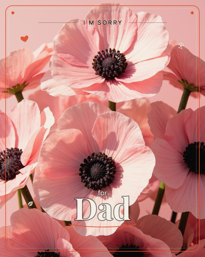 A close-up cluster of pale pink anemones fills the frame, their tissue-thin petals glowing under soft directional light against a matching pink backdrop, a sorry e-card design
