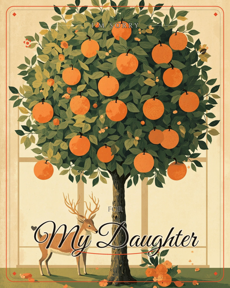 A round, heavily laden orange tree fills most of the card, its dense green canopy dotted with dozens of ripe oranges, set against a soft cream…, a sorry e-card design