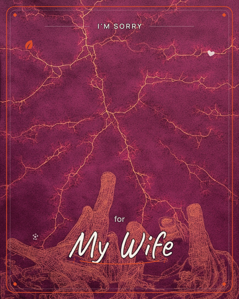 A deep magenta background is split by a jagged network of golden, lightning-like lines branching upward from a cluster of gnarled, root-like or…, a sorry e-card design