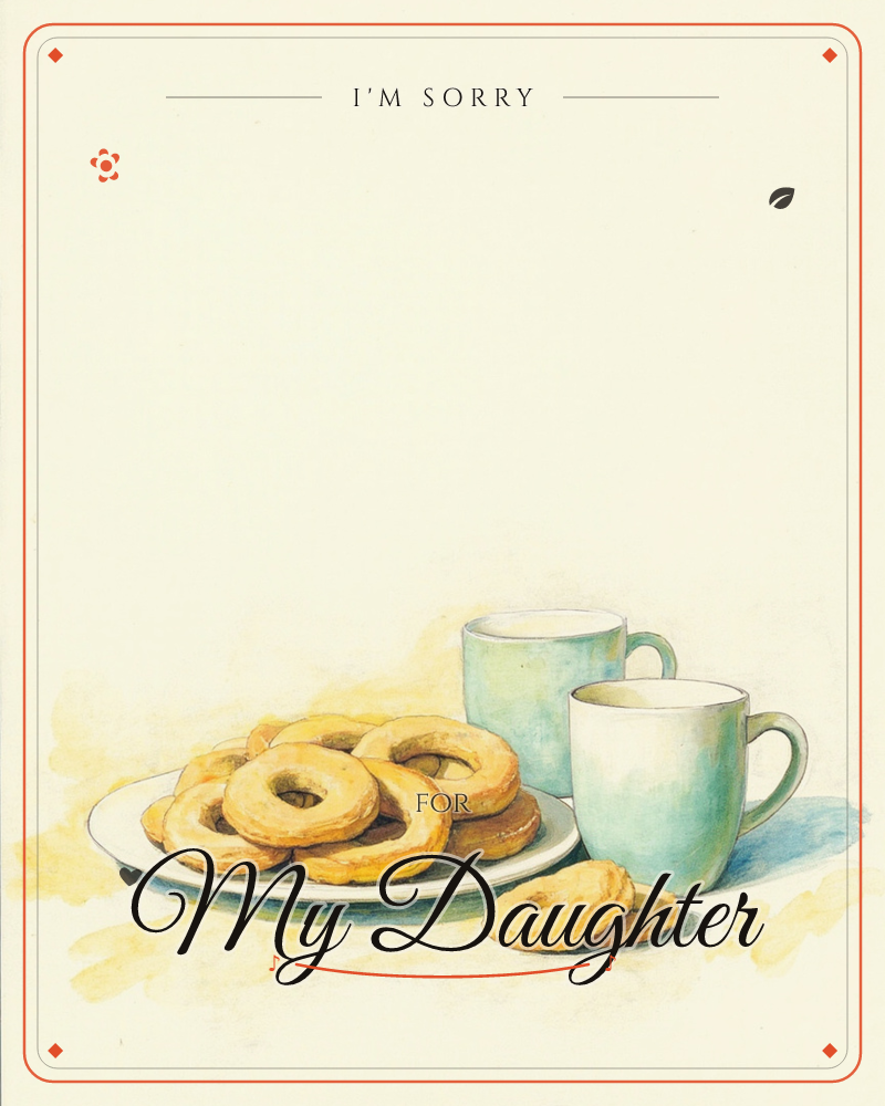 A plate piled with golden ring-shaped biscuits sits beside two pale teal mugs on a soft cream background, a sorry e-card design