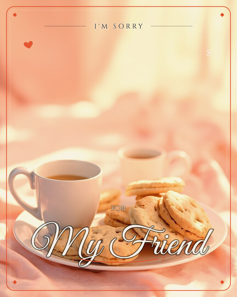 A white plate holds a small cup of tea and a stack of golden sandwich biscuits, set against soft folds of blush-pink fabric bathed in warm, hazy light, a sorry e-card design