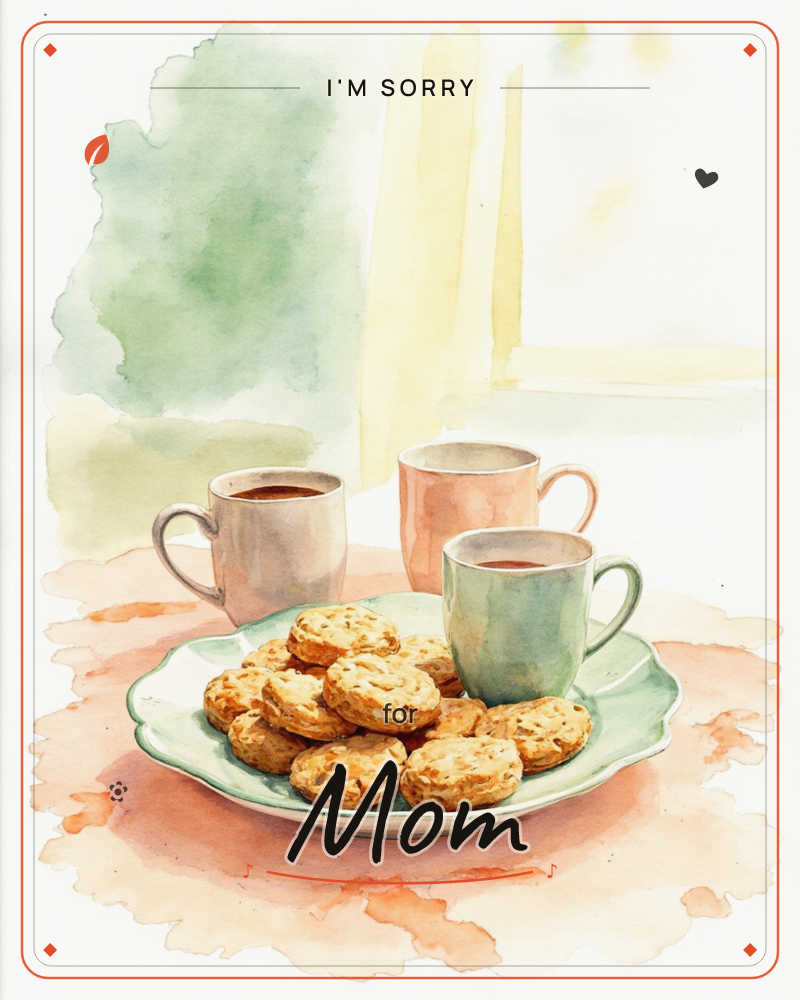A watercolour still life shows a scalloped plate piled high with golden almond-topped cookies, flanked by three mismatched mugs of tea steaming gently…, a sorry e-card design
