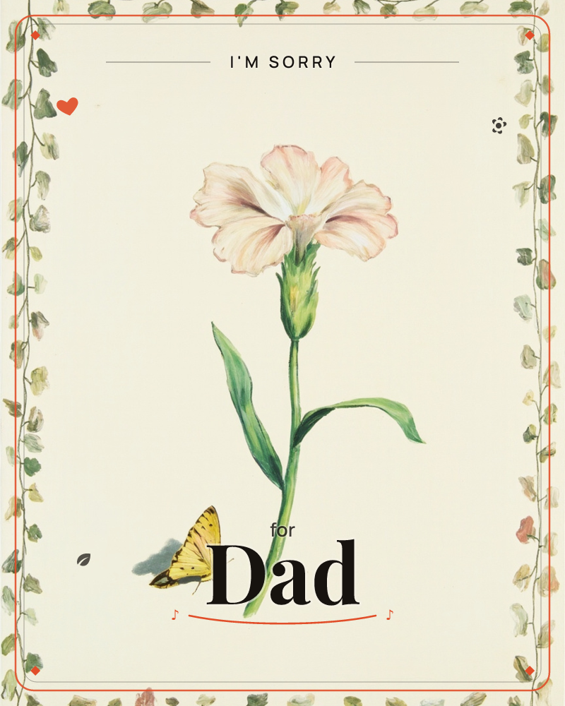 A single pale pink carnation with ruffled, feathered petals stands on a slender green stem against a soft cream background, a small yellow butterfly…, a sorry e-card design