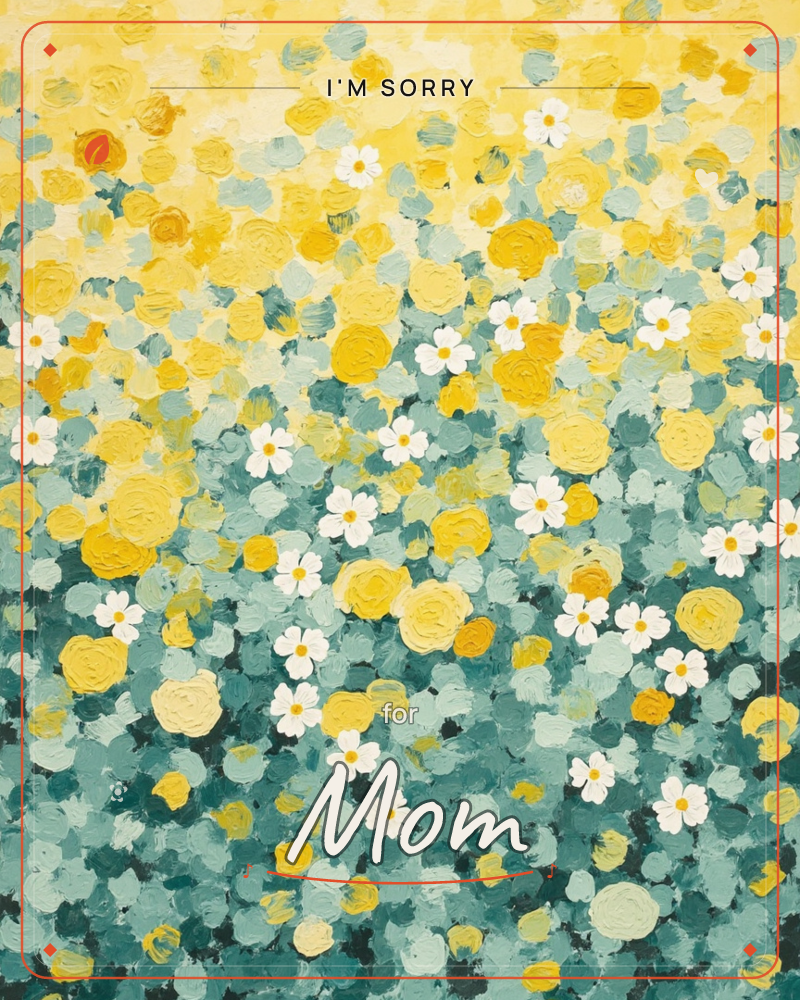 A dense field of thickly painted blooms fills the whole card, yellow roses and white daisies clustered among sage and teal foliage, a sorry e-card design