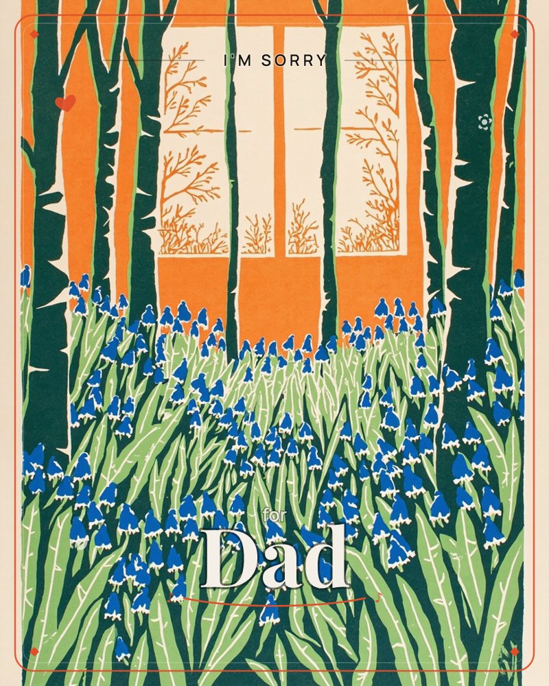 A stylised woodland print shows tall dark tree trunks rising through a carpet of blue bluebells, with a bright orange sky glowing between the branches…, a sorry e-card design