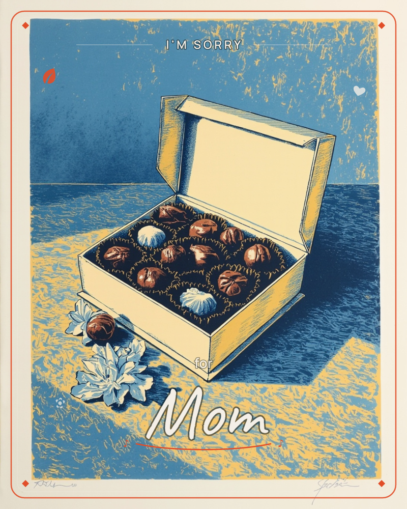 An open box of chocolates sits on a textured tabletop, its lid tilted back to reveal rows of truffles nestled in crinkled paper cups, a sorry e-card design