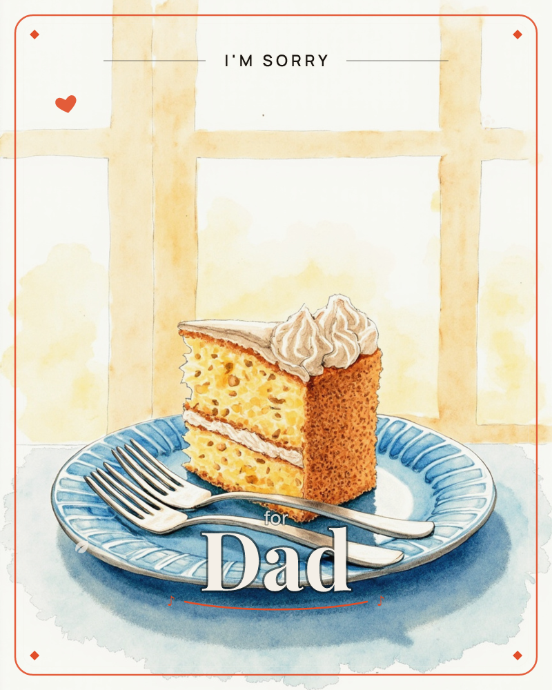 A wedge of golden layer cake with pale buttercream frosting and two piped swirls sits on a scalloped blue plate, two forks laid across it, set before a…, a sorry e-card design
