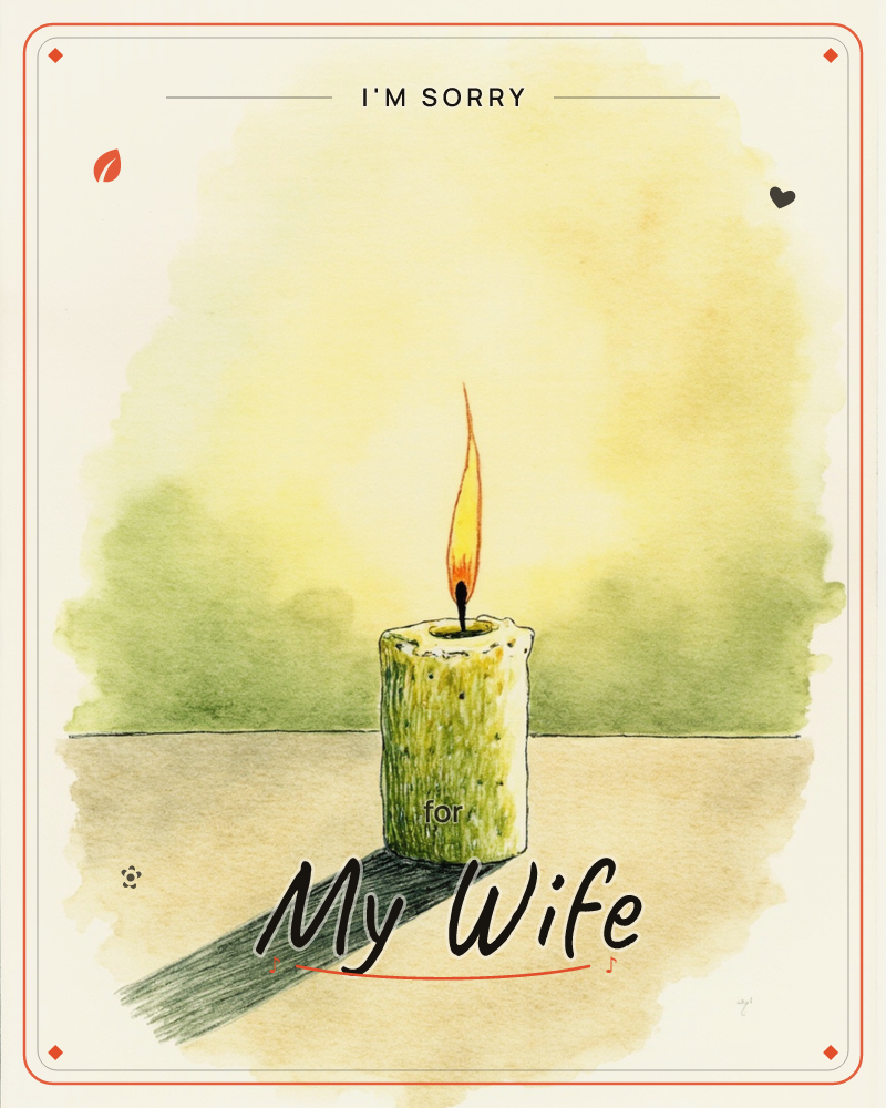 A single green candle burns on a plain tabletop, its flame rendered in bright orange and yellow ink against a soft watercolour halo of gold and sage, a sorry e-card design