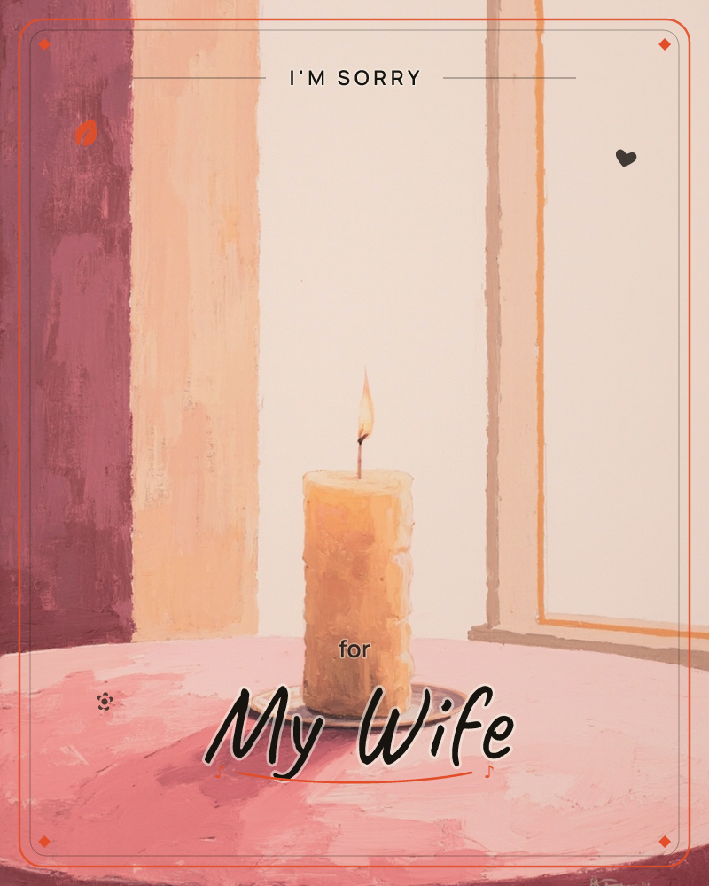 A single lit candle sits on a small saucer atop a rounded pink table, its flame the only sharp point of movement in an otherwise still room, a sorry e-card design