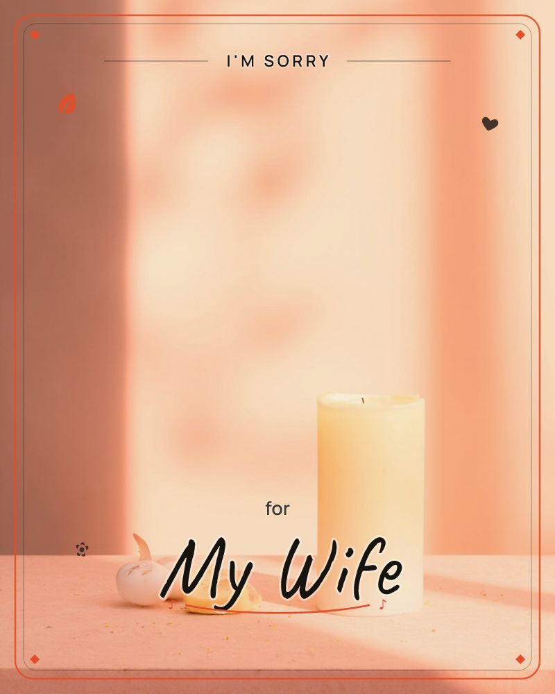 A pale cream pillar candle stands unlit on a peach-toned ledge, beside two small pale bulbs and a curled dried petal, a sorry e-card design