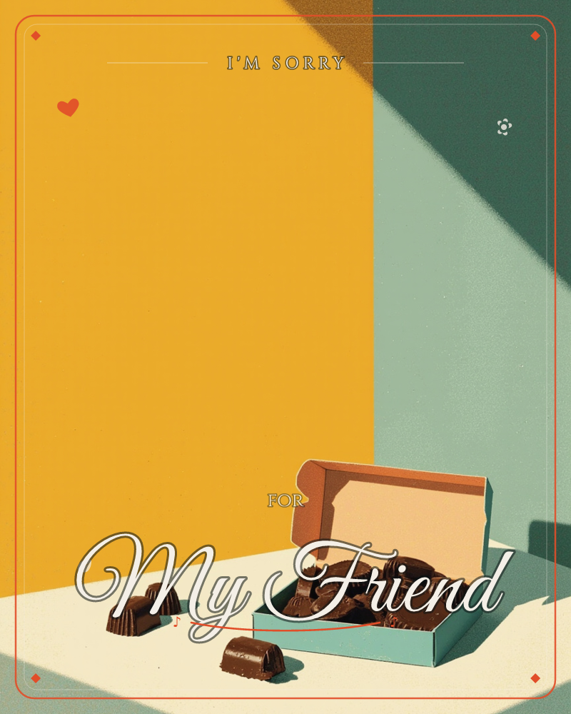 An open box of chocolates sits on a cream tabletop against a bold split backdrop of mustard yellow and teal, with two loose chocolates fallen beside it, a sorry e-card design
