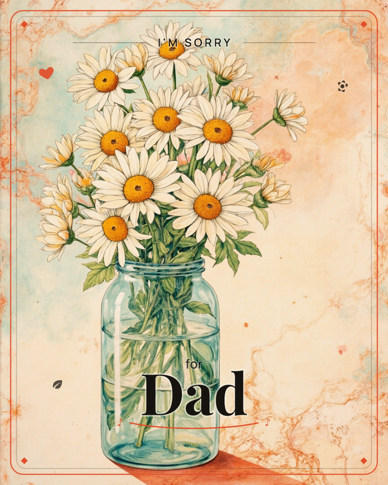 A generous bunch of white daisies with golden centres stands in a glass mason jar filled with water, their green stems visible through the glass, a sorry e-card design