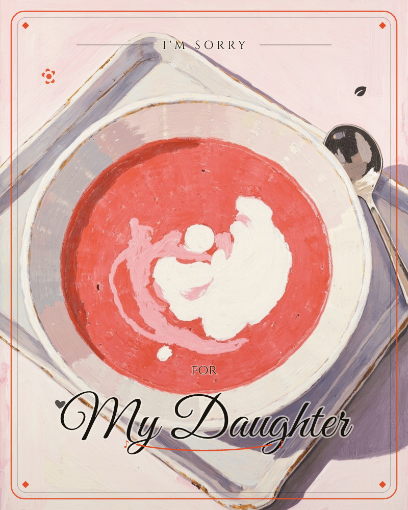 A white bowl of tomato-pink soup sits on a diamond-tilted square plate, swirled with a generous drizzle of cream and set against a soft pink background, a sorry e-card design