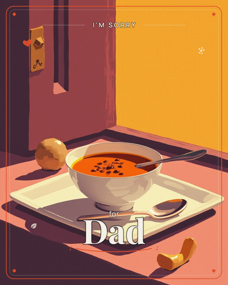 A white bowl of red-orange soup, dotted with dark seeds or herbs, sits on a square tray beside a small bread roll and a torn piece of bread, a sorry e-card design