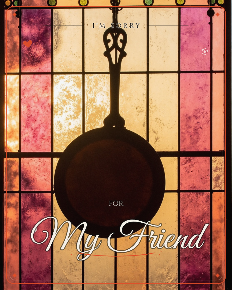 A cast-iron skillet with an ornate curled handle hangs in silhouette against a stained-glass window, its panes glowing in stripes of amber, magenta and…, a sorry e-card design