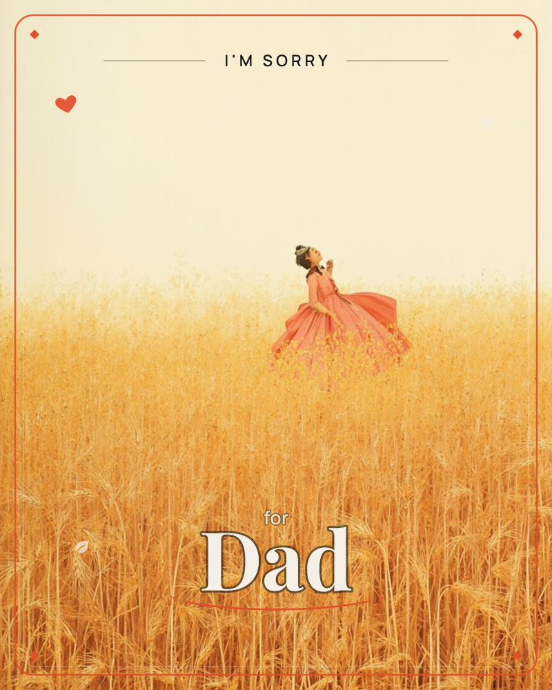 A child in a voluminous coral gown stands waist-deep in a golden wheat field, head tilted up toward a pale, hazy sky, a sorry e-card design