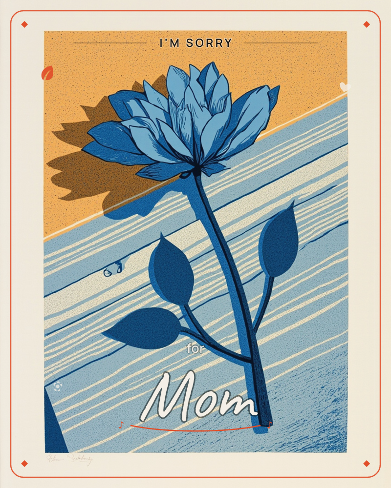 A single blue flower with two leaves stands tall against a diagonal split of warm orange sky and striped blue ground, its long shadow fanning out…, a sorry e-card design