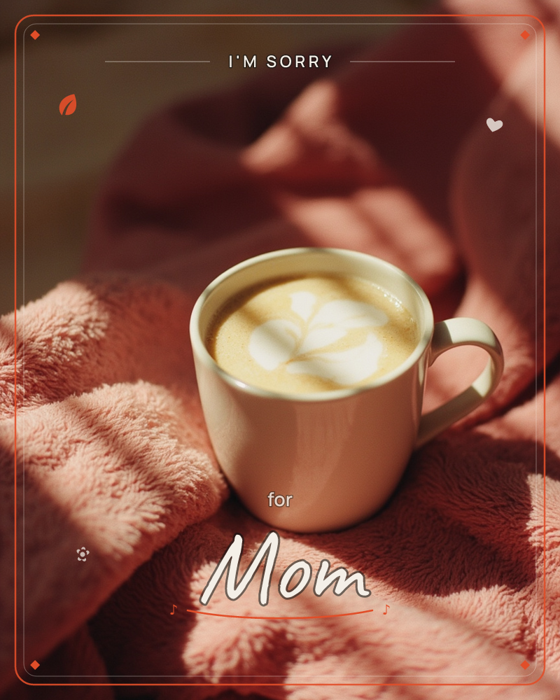A cream mug of latte, its foam poured into a leafy rosette pattern, rests on a rumpled terracotta-pink blanket, a sorry e-card design