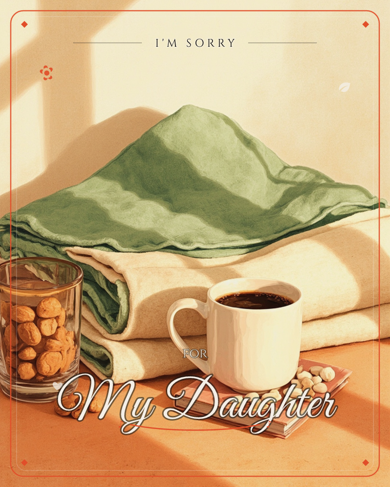 A folded green and cream blanket sits stacked on a sunlit terracotta ledge, with a mug of black coffee resting on a small notebook beside it, a sorry e-card design