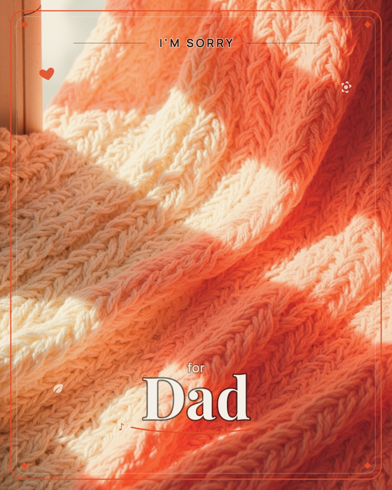 A close-up of a cable-knit blanket draped in soft folds, its cream wool washed with warm streaks of coral-orange light, a sorry e-card design