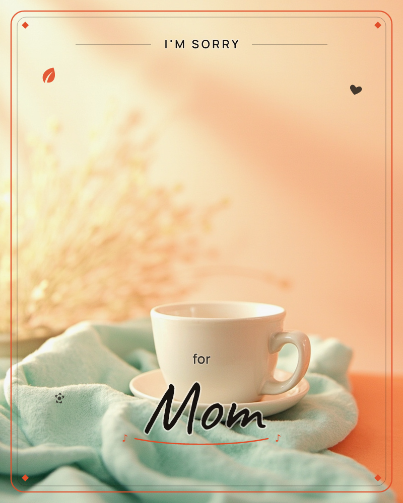 A plain white teacup and saucer rest on a soft mint-green throw, set against a warm peach backdrop with a sunlit spray of dried grasses blurred in the…, a sorry e-card design