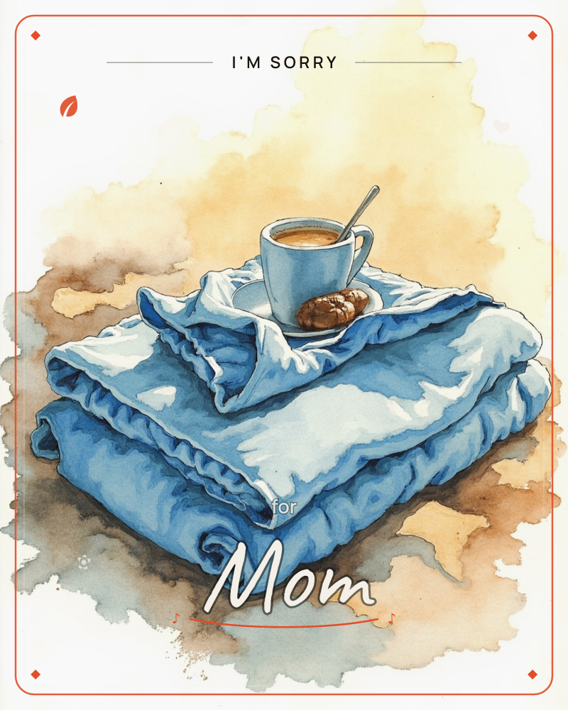 A folded blue blanket sits plumply on a soft, blurred wash of amber and gold, with a small teacup and a couple of cookies balanced on top, a sorry e-card design